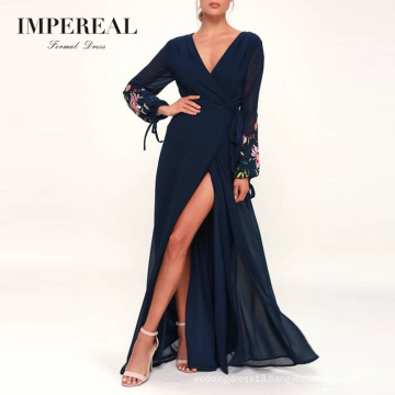 Navy Blue Embroidered Long Sleeve Maxi Apparel Wrap Dress For Women